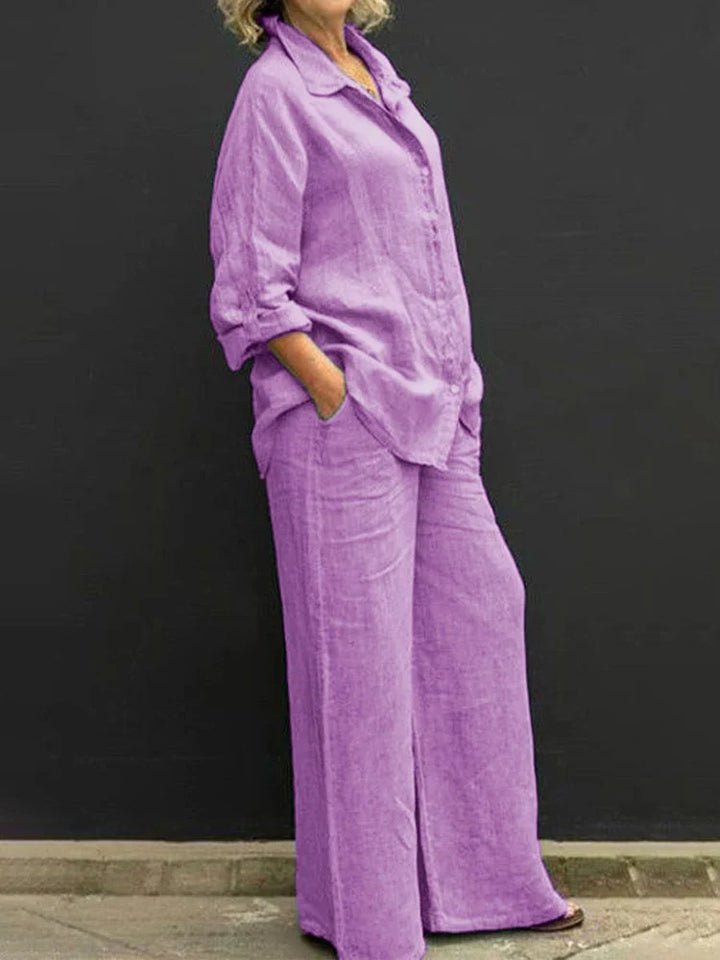 Klassisches Damen Leinen Set mit Bluse und Hose in Lila