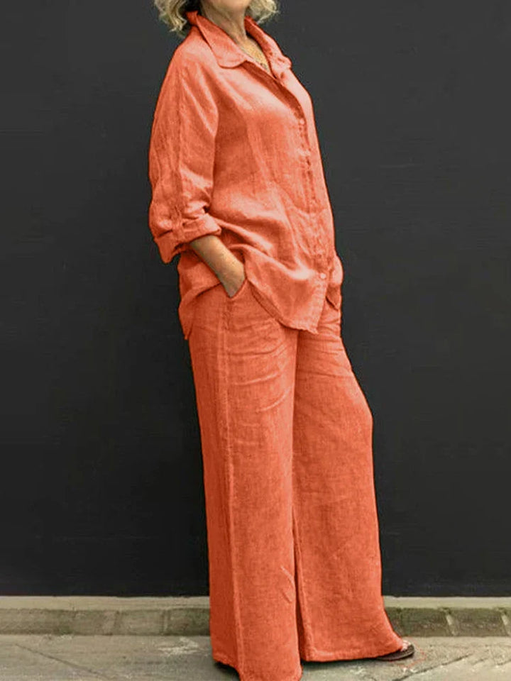 Klassisches Damen Leinen Set mit Bluse und Hose in Orange