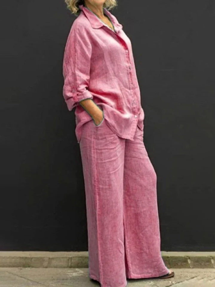 Klassisches Damen Leinen Set mit Bluse und Hose in Rosa