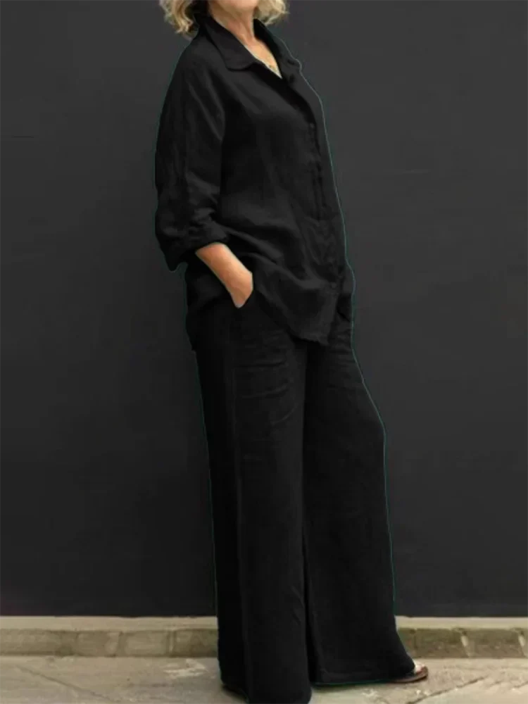 Klassisches Damen Leinen Set mit Bluse und Hose in Schwarz