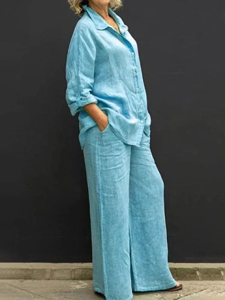 Klassisches Damen Leinen Set mit Bluse und Hose in See blau