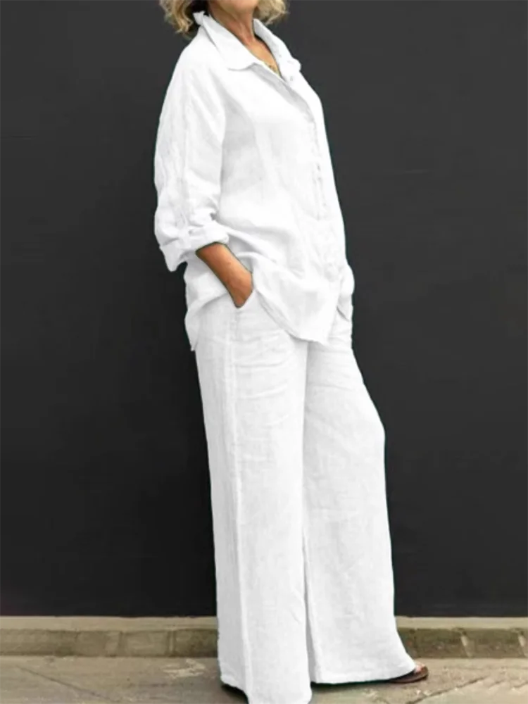 Klassisches Damen Leinen Set mit Bluse und Hose in Weiß