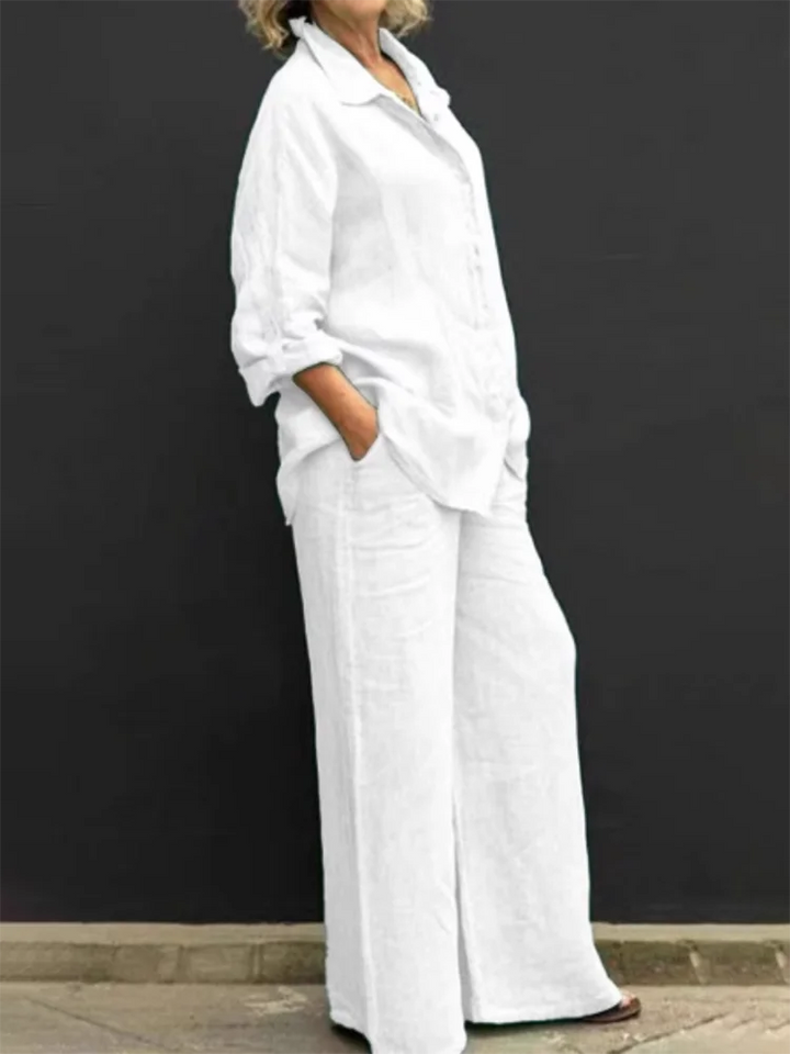 Klassisches Damen Leinen Set mit Bluse und Hose in Weiß