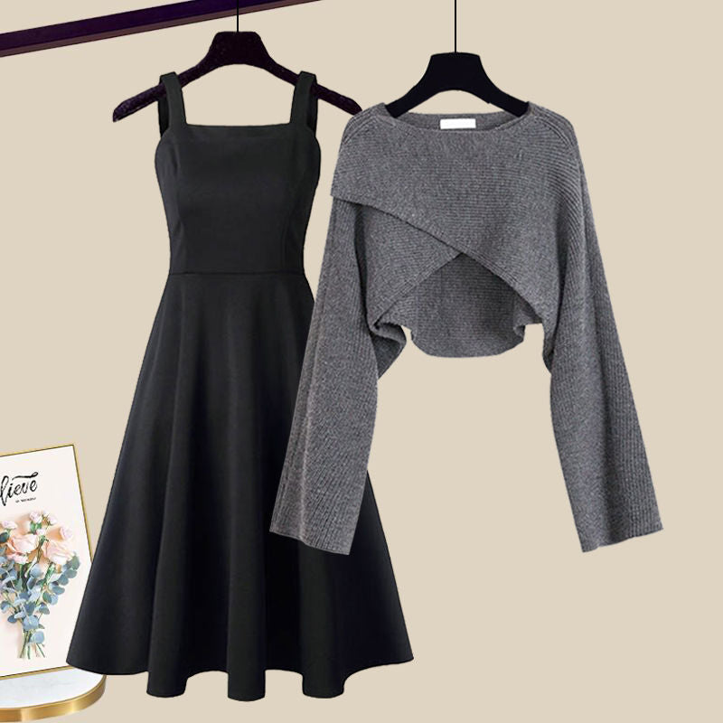 Klassisches Damen Strickkleid Set mit Pullover in Grau 1