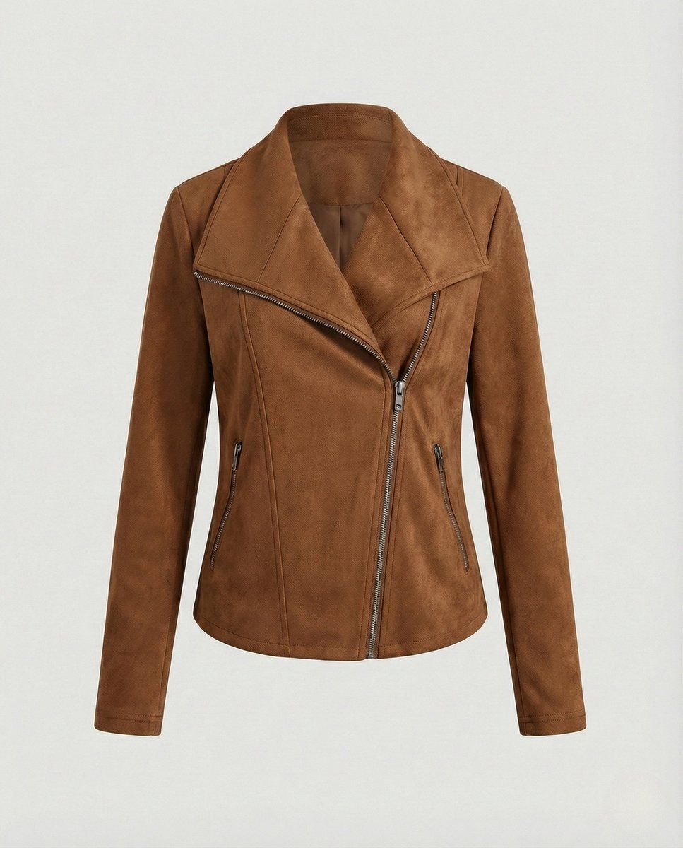 Kunstleder Kurze Jacke Damen im Biker-Stil in Braun