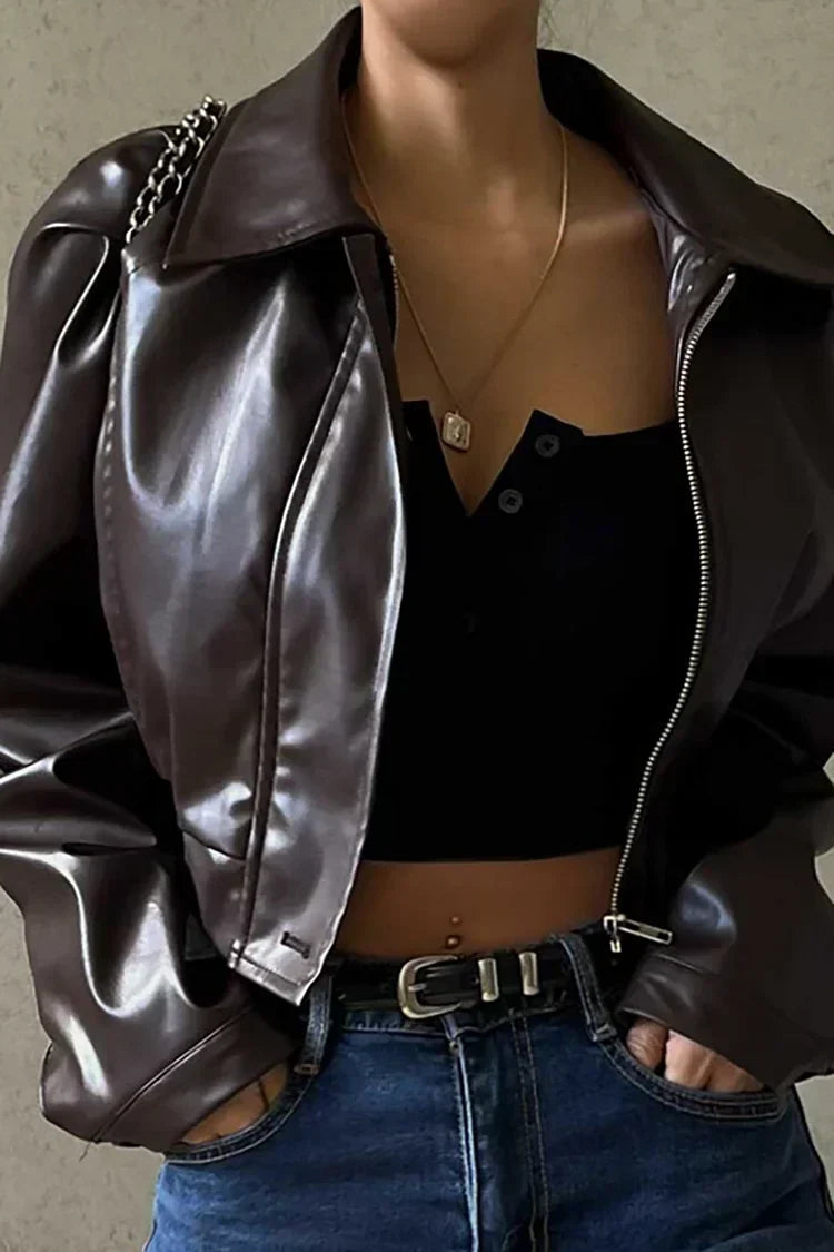 Kurze Damen Lederjacke mit Puffärmeln (2)