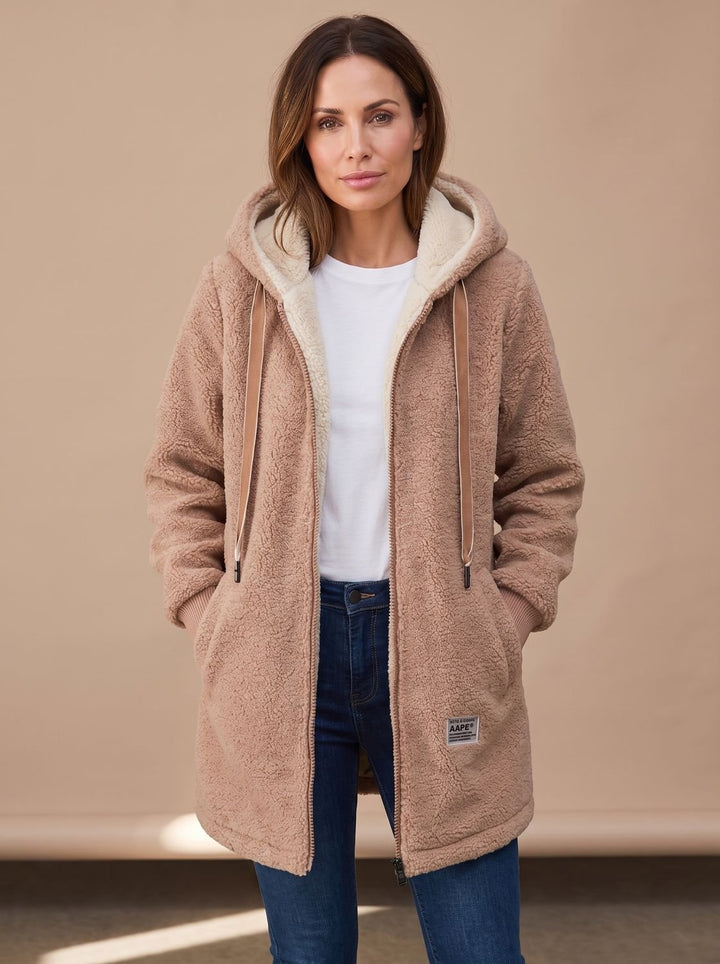 Kuschelige Damen Winterjacke mit Kapuze und Taschen in Braun