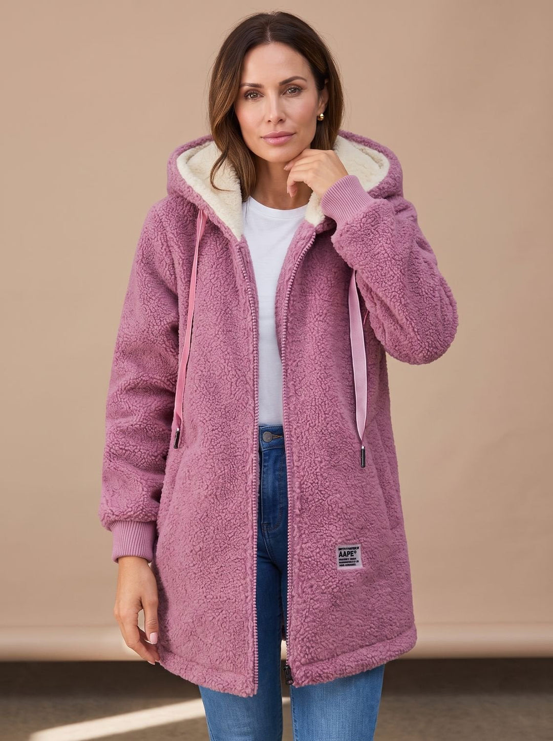 Kuschelige Damen Winterjacke mit Kapuze und Taschen in Rosa