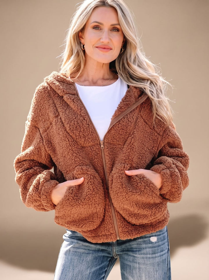 Kuschelige Winterjacke Damen im Teddy-Stil in Karamel