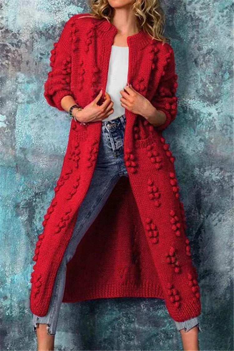 Lange Damen Strickjacke im Norweger-Stil mit Pompons in Rot