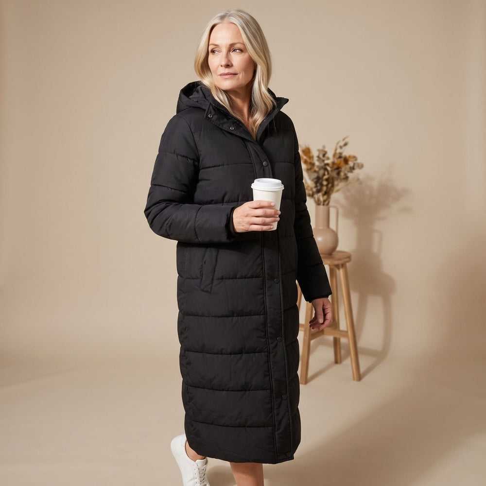 Lange Gesteppte Damen Winterjacke mit Kapuze (2)