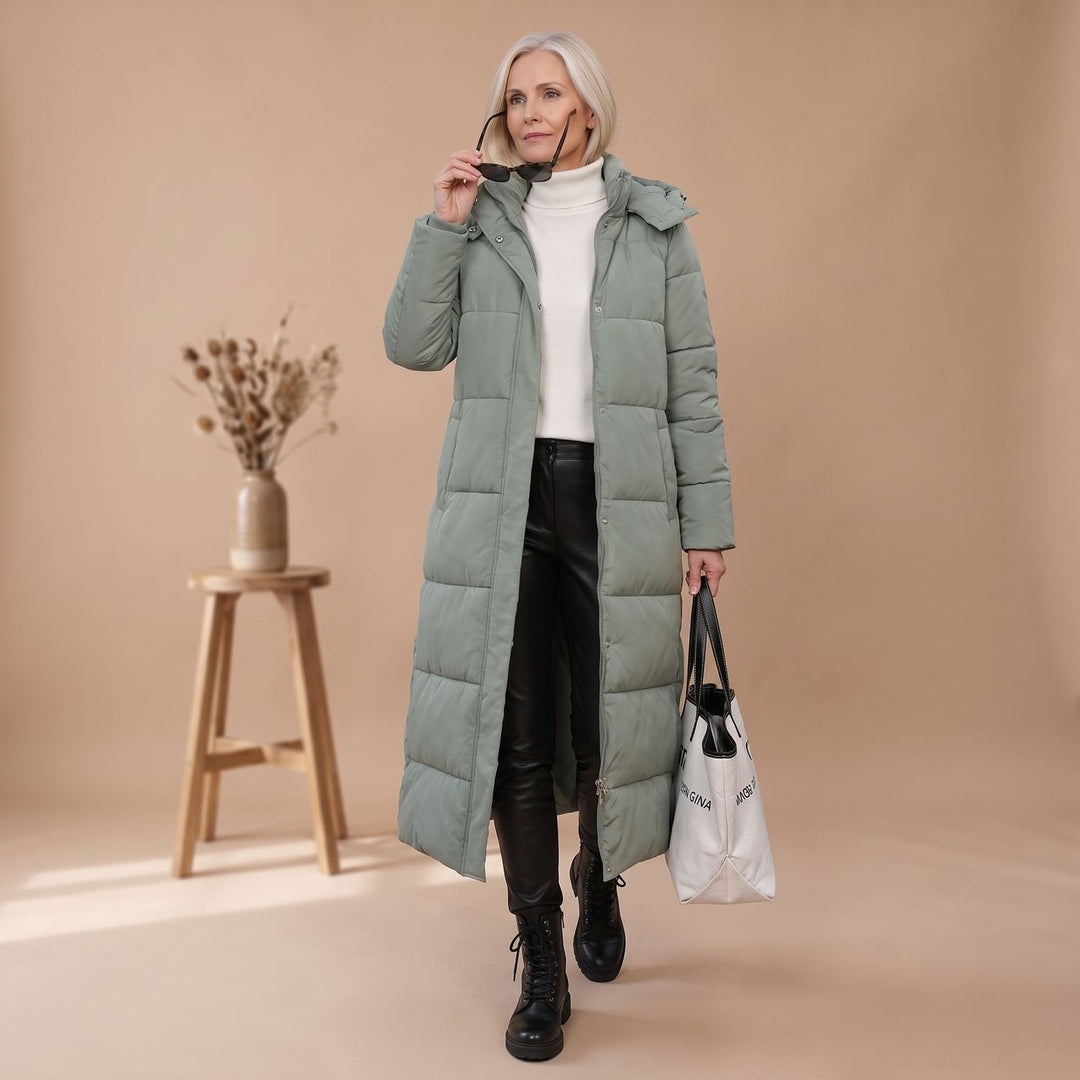Lange Gesteppte Damen Winterjacke mit Kapuze in Grün