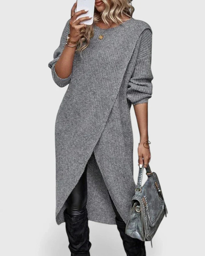 Langes Damen Strickkleid mit asymmetrischem Wickeldetail in Grau 1