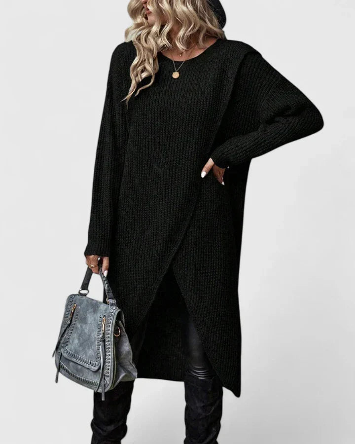 Langes Damen Strickkleid mit asymmetrischem Wickeldetail in Grau 2