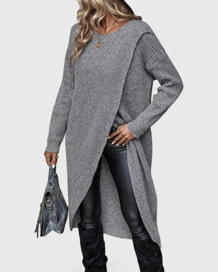 Langes Damen Strickkleid mit asymmetrischem Wickeldetail in Grau 3