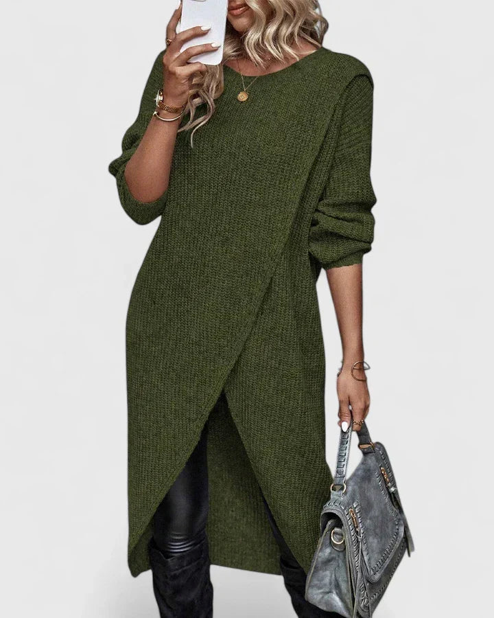 Langes Damen Strickkleid mit asymmetrischem Wickeldetail in Grün