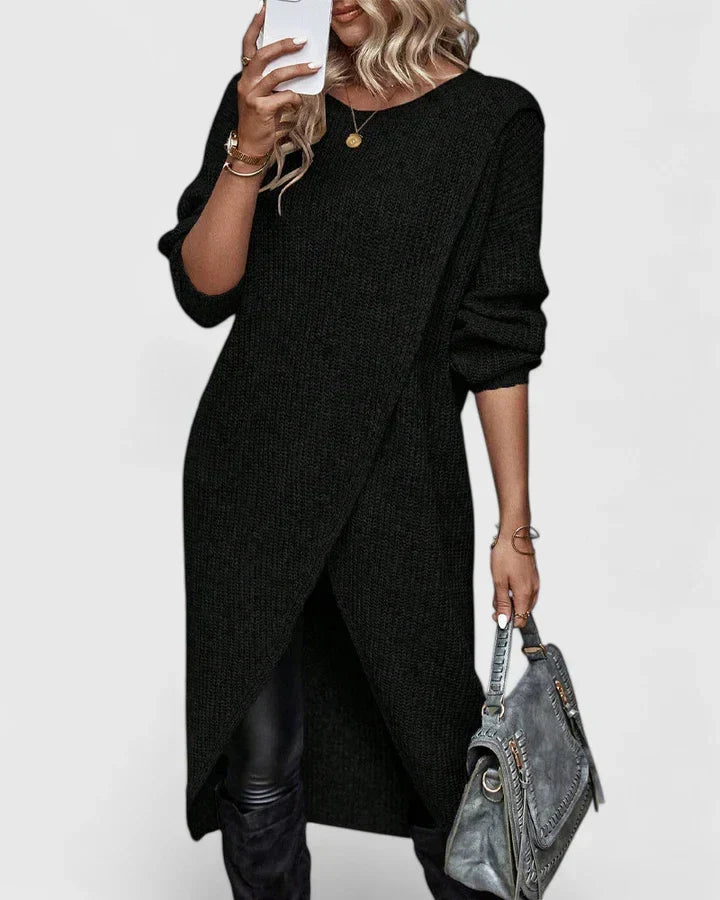 Langes Damen Strickkleid mit asymmetrischem Wickeldetail in Schwarz