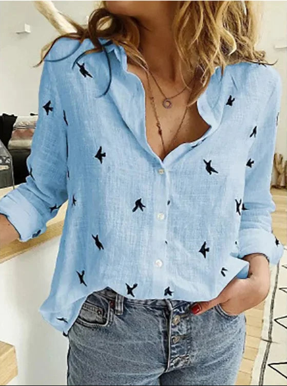 Lässige Leinen Bluse im Vintage-Stil in Blau