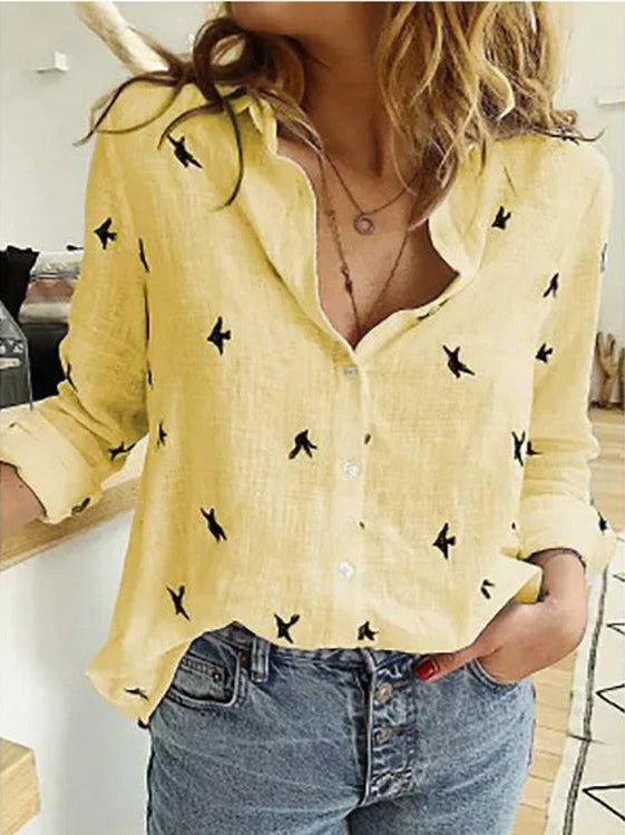 Lässige Leinen Bluse im Vintage-Stil in Gelb