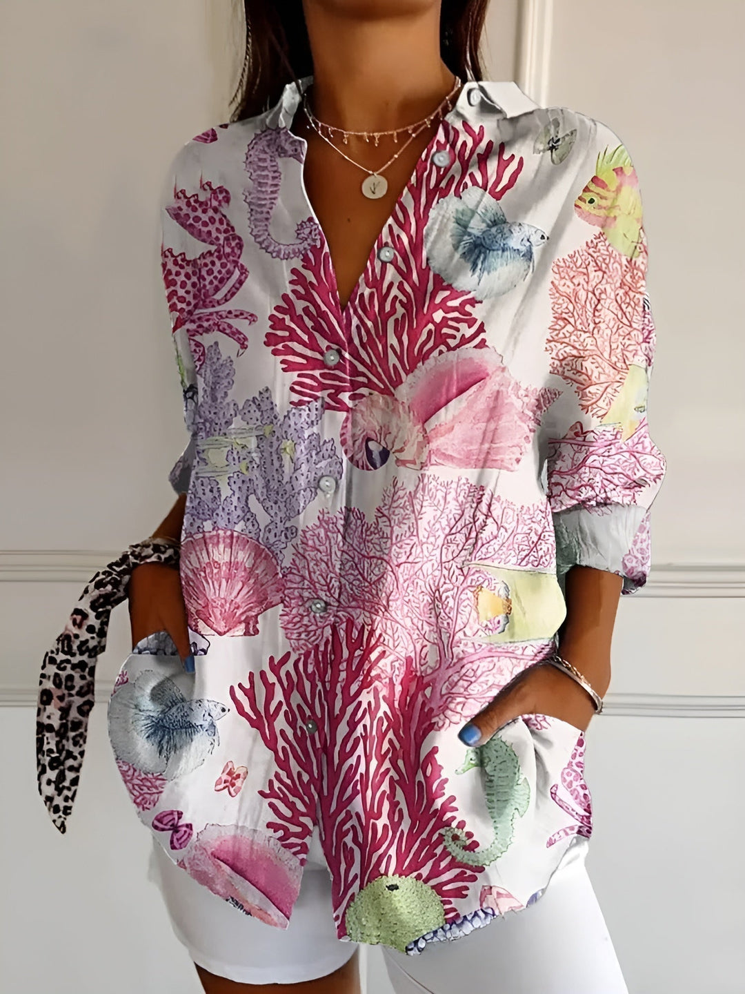 Lebendige Vintage-Bluse in Meeresleben in Rosa