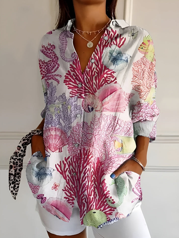 Lebendige Vintage-Bluse in Meeresleben in Rosa