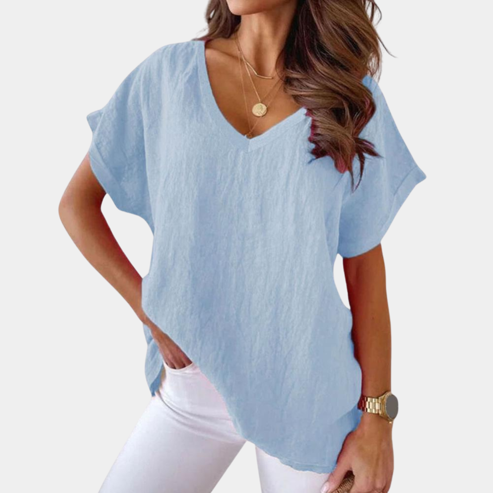 Lockere Leinenbluse mit V-Ausschnitt in Blau