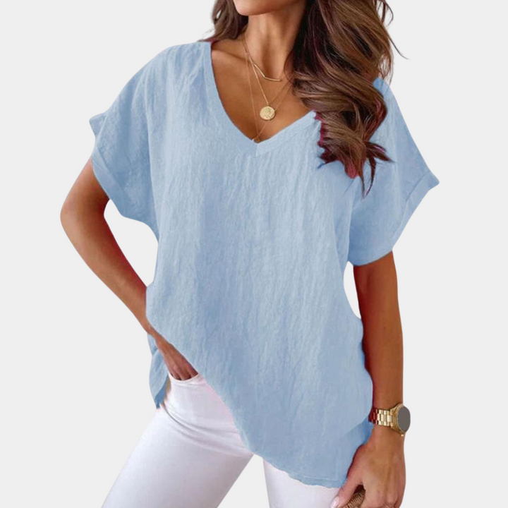 Lockere Leinenbluse mit V-Ausschnitt in Blau