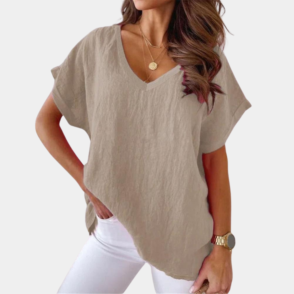 Lockere Leinenbluse mit V-Ausschnitt in Khaki 1
