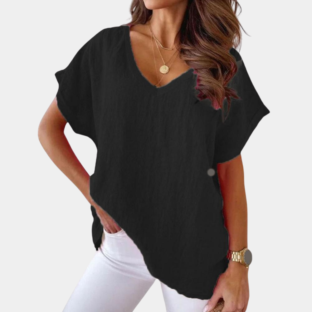 Lockere Leinenbluse mit V-Ausschnitt in Schwarz