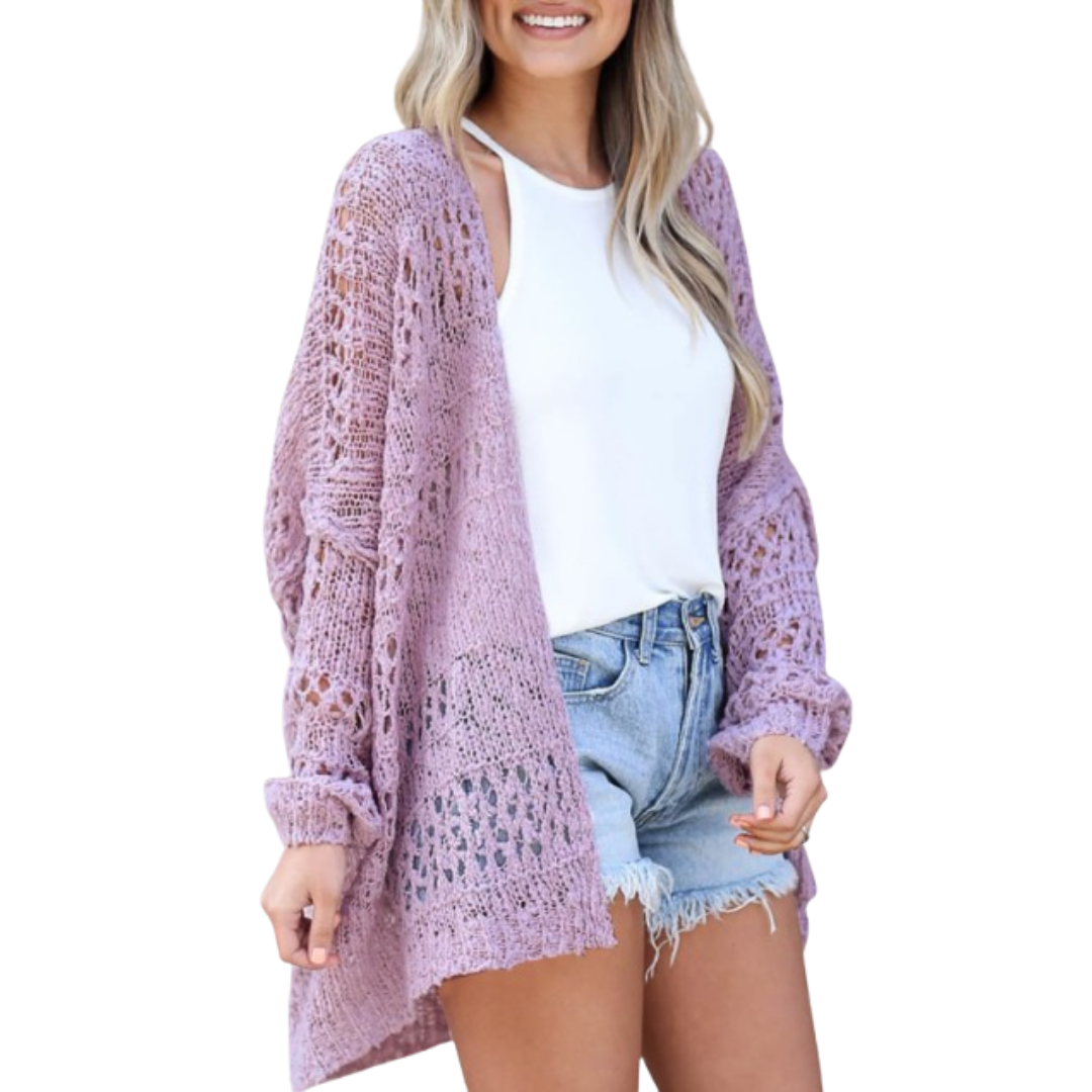 Luftige Damen Strickjacke im Boho-Stil in Lila
