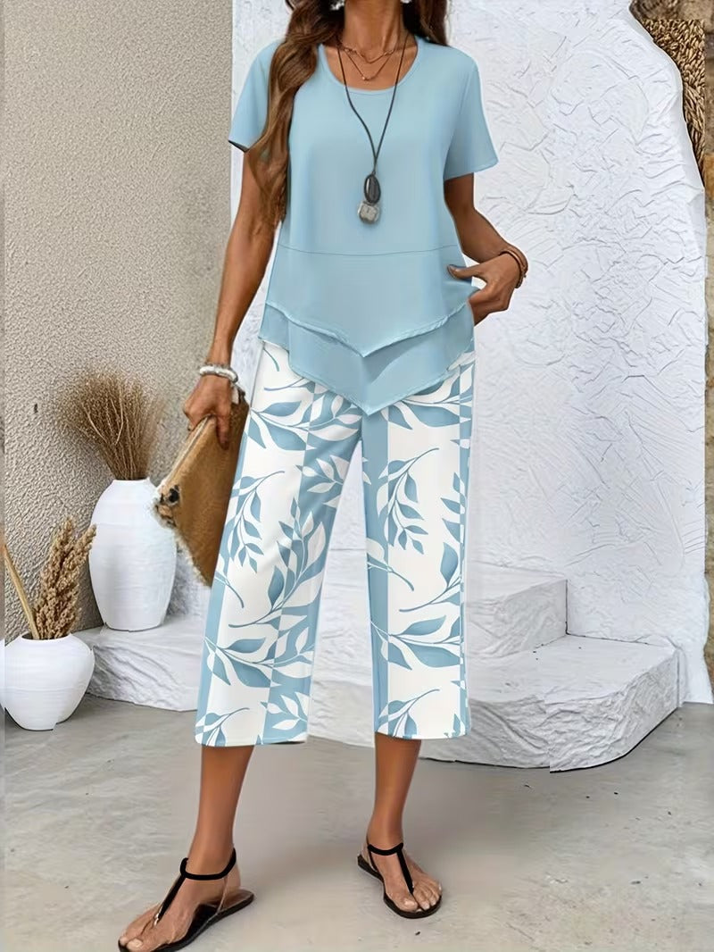 Luftiges Damen Set mit Blattmuster in Blau