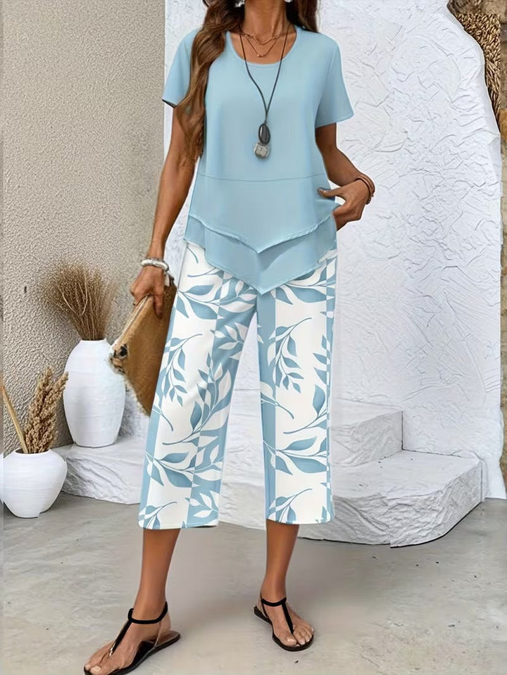 Luftiges Damen Set mit Blattmuster in Blau