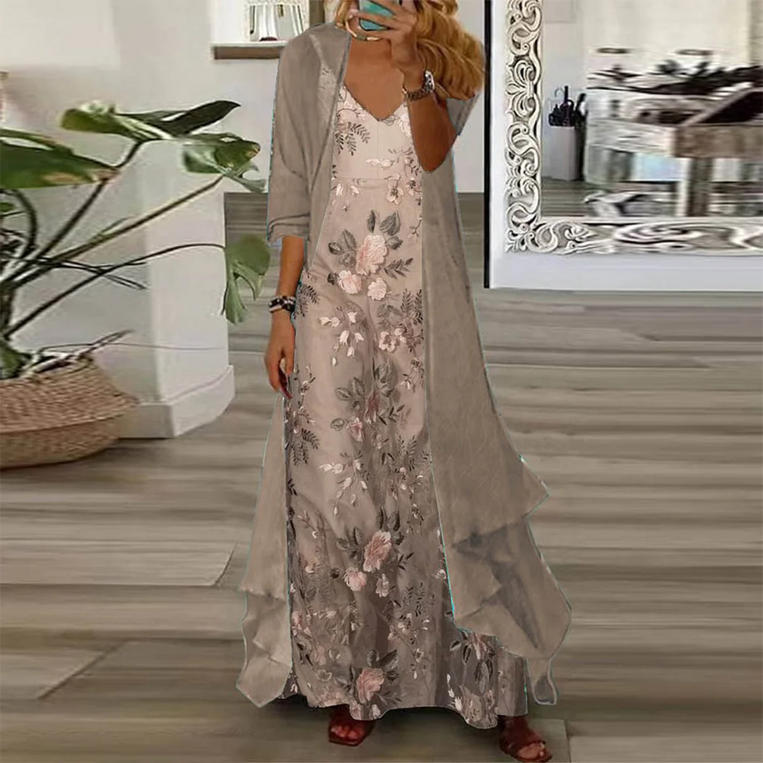 Luftiges florales Maxi-Strandkleid Set in Beige