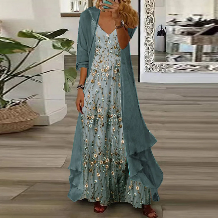 Luftiges florales Maxi-Strandkleid Set in Blau