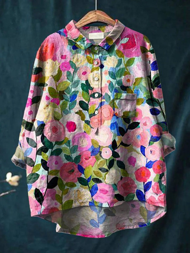 Luftiges Leinen Hemd in Rosa Muster