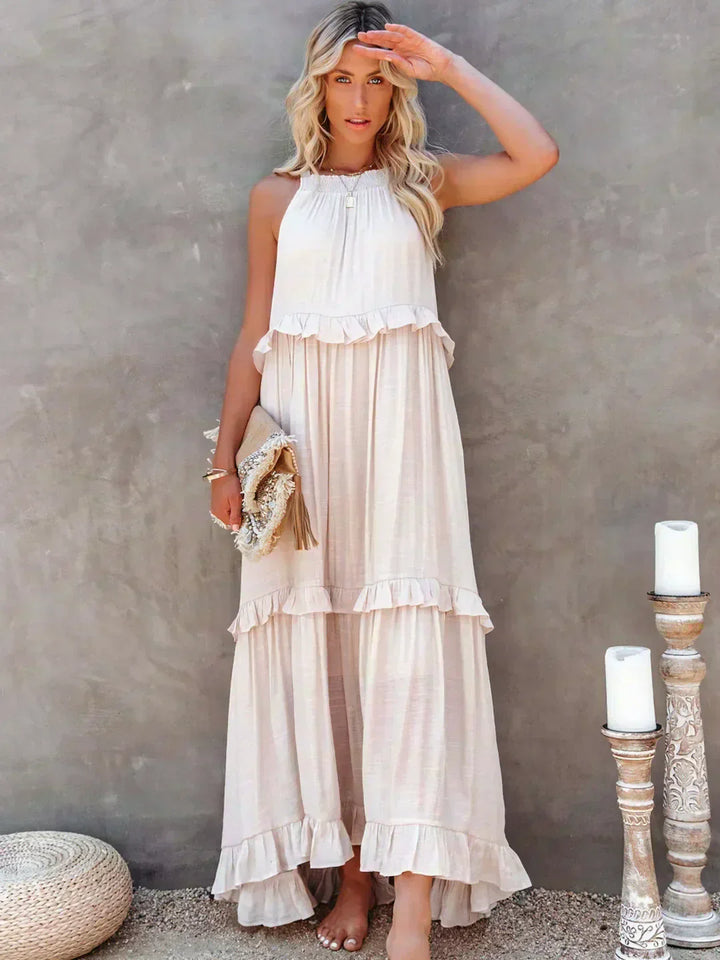 Maxikleid mit Volants & Neckholder-Ausschnitt in Beige 1