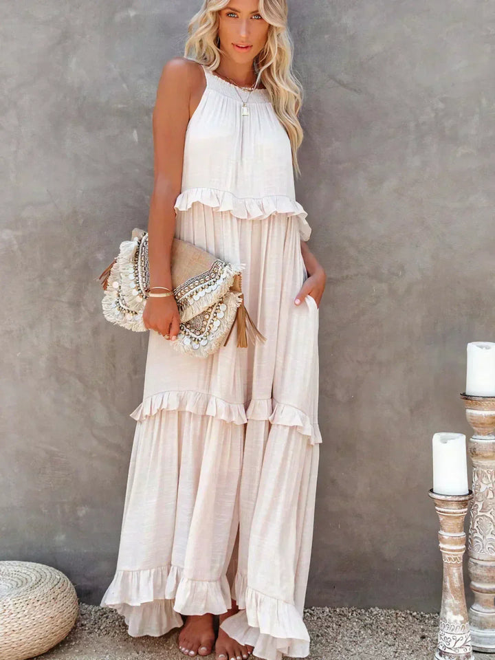 Maxikleid mit Volants & Neckholder-Ausschnitt in Beige 2