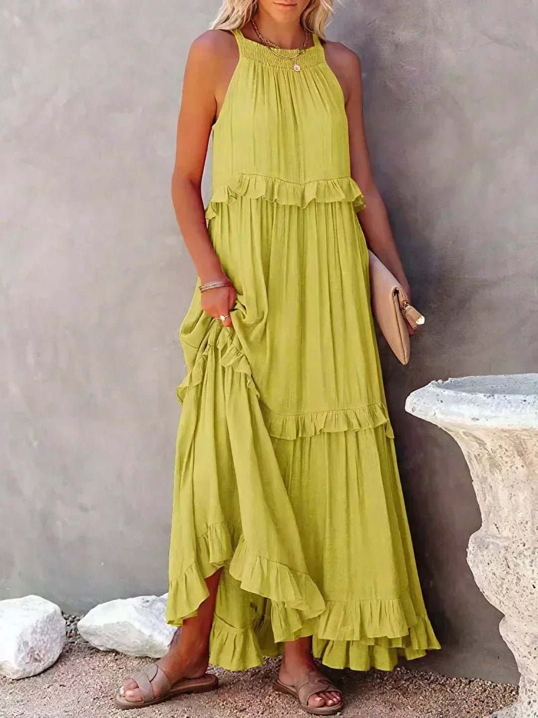 Maxikleid mit Volants & Neckholder-Ausschnitt in Gelb 1