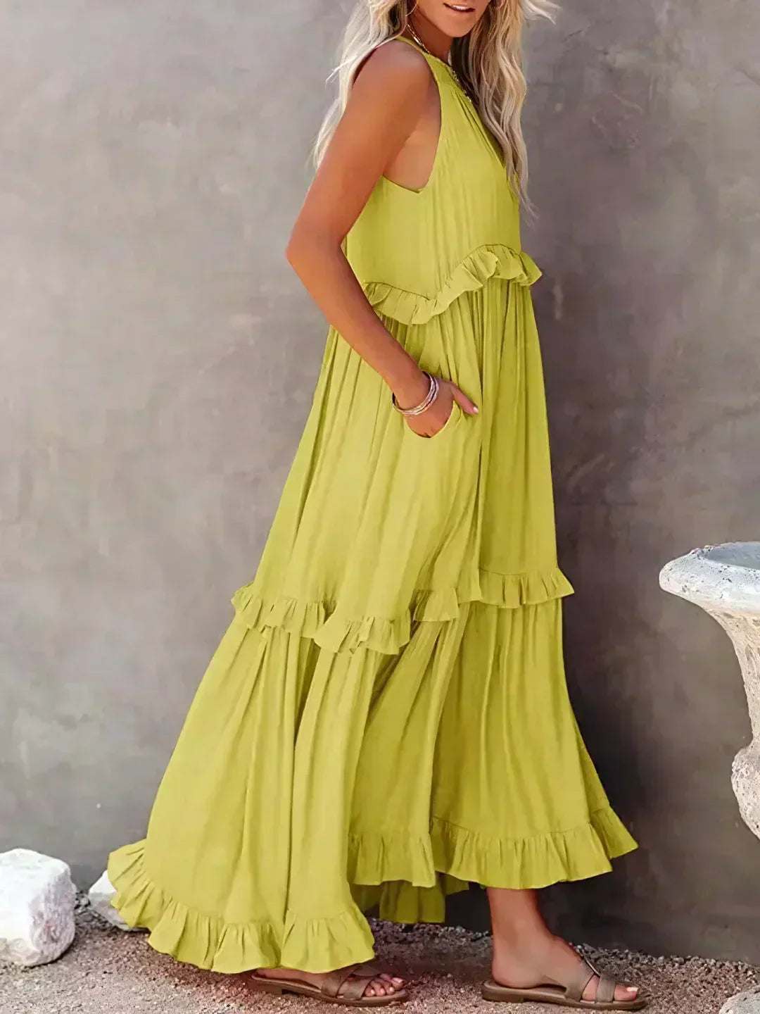 Maxikleid mit Volants & Neckholder-Ausschnitt in Gelb 2