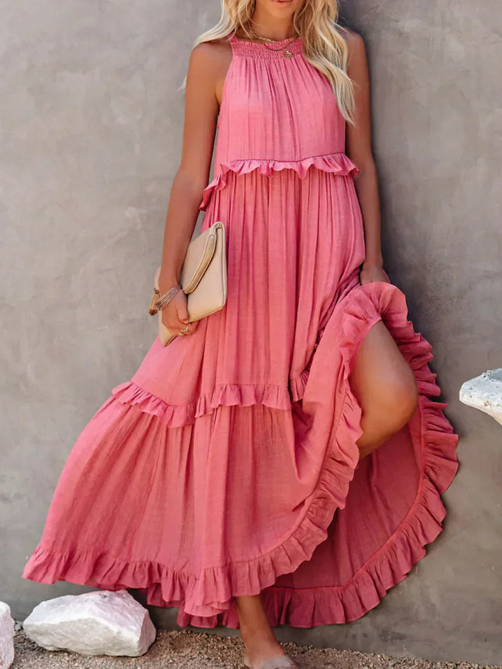 Maxikleid mit Volants & Neckholder-Ausschnitt in Rosa 1