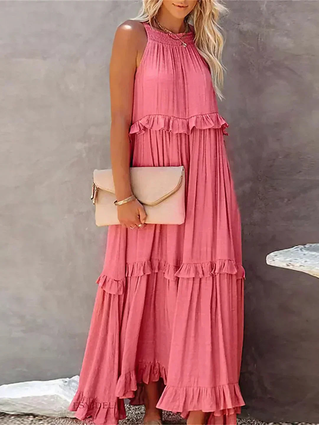 Maxikleid mit Volants & Neckholder-Ausschnitt in Rosa 3