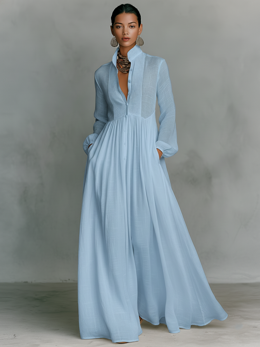 Minimalist Cotton And Linen Patchwork Single-breasted in Blau