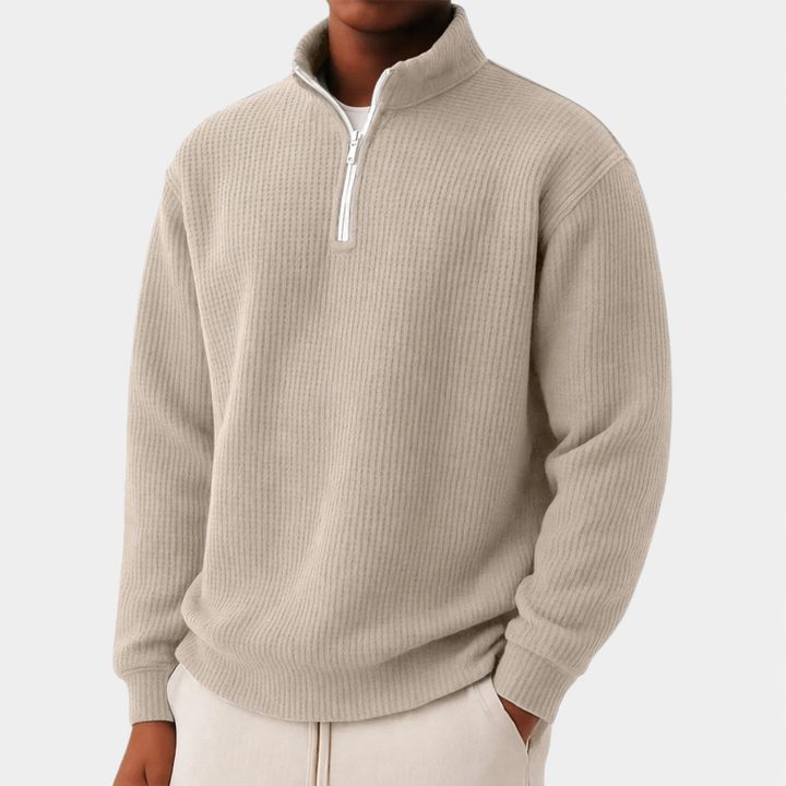 Moderner Herren Pullover mit verstellbarem Reißverschlusskragen in Beige
