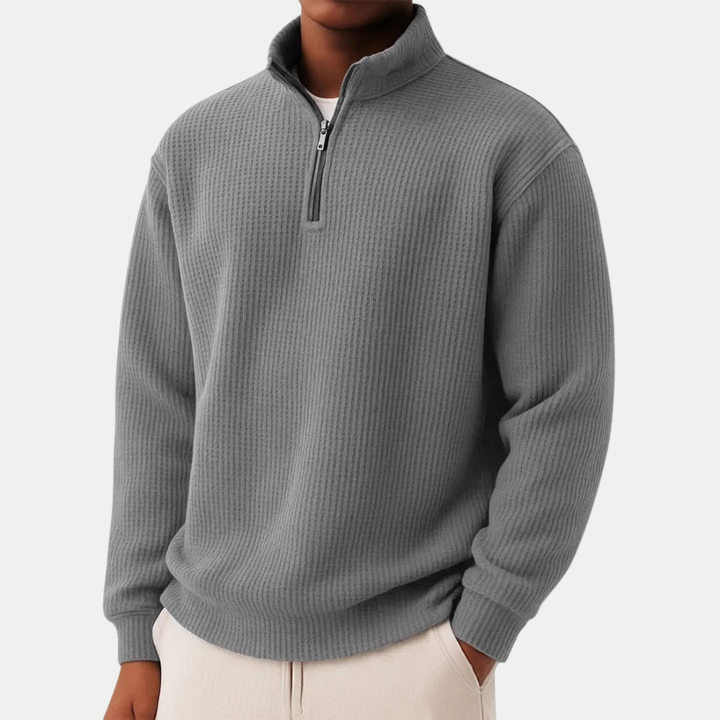 Moderner Herren Pullover mit verstellbarem Reißverschlusskragen in Dunkelgrau