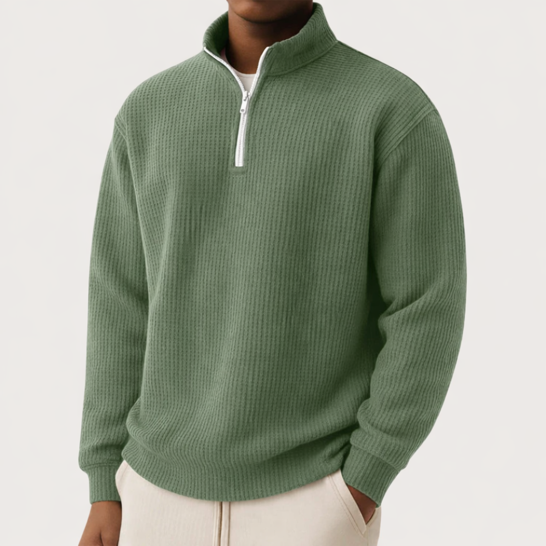 Moderner Herren Pullover mit verstellbarem Reißverschlusskragen in Grün