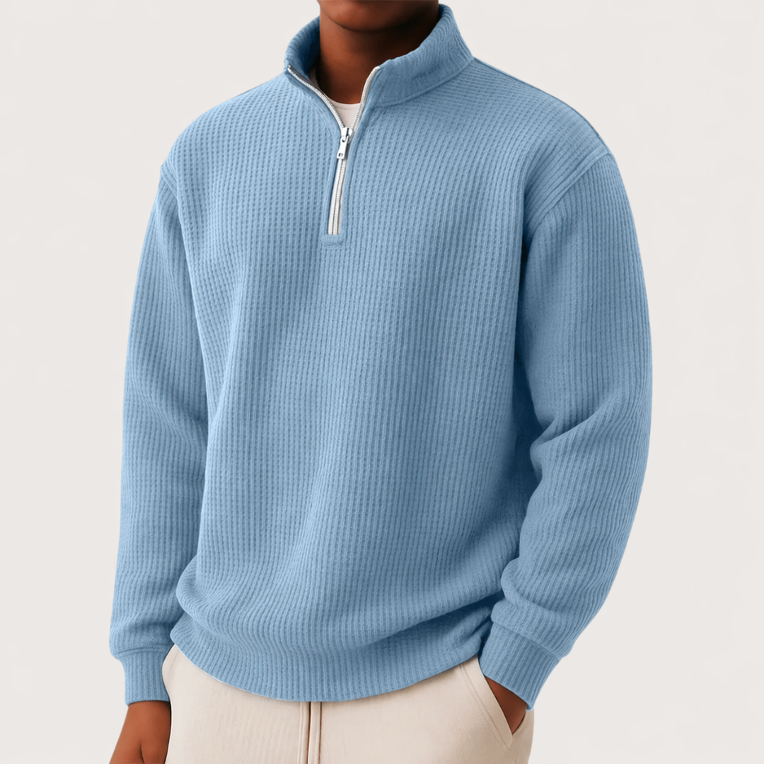 Moderner Herren Pullover mit verstellbarem Reißverschlusskragen in Hellblau