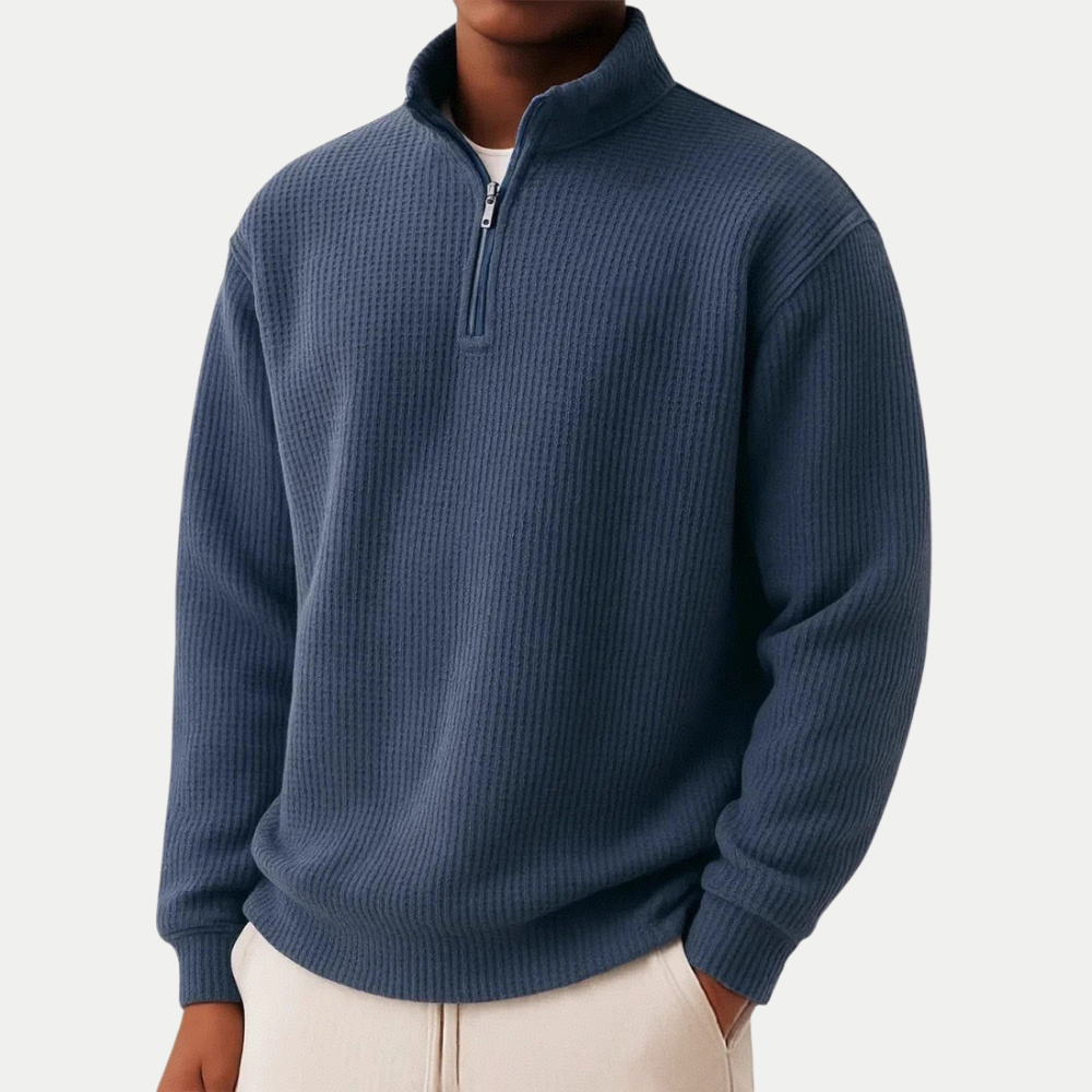 Moderner Herren Pullover mit verstellbarem Reißverschlusskragen in Marineblau