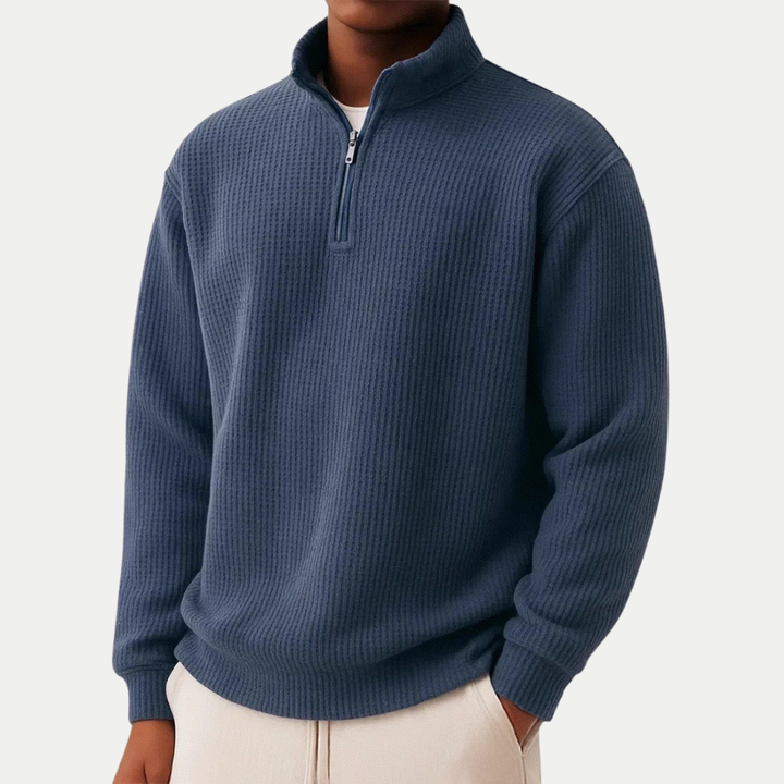 Moderner Herren Pullover mit verstellbarem Reißverschlusskragen in Marineblau