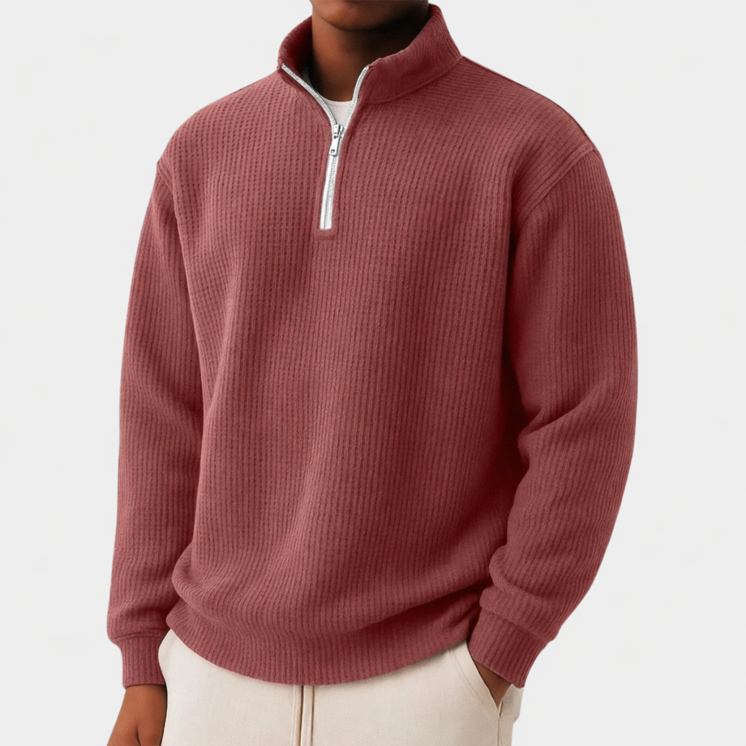 Moderner Herren Pullover mit verstellbarem Reißverschlusskragen in Rot