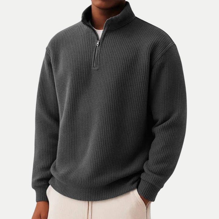 Moderner Herren Pullover mit verstellbarem Reißverschlusskragen in Schwarz
